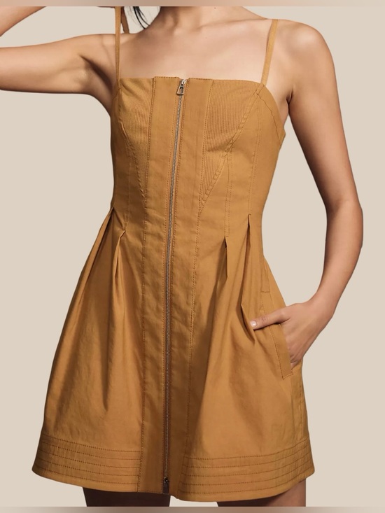 Anthropologie Dresses & Skirts - Anthropologie Maeve Structured Zip Front Mini Dress, Honey Brown, Pockets SZ M